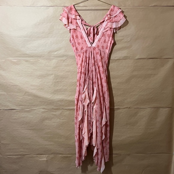 Free People | Joaquin Dress Peach Combo Floral Ruffle Godet Midi Dress Size S - Picture 12 of 15